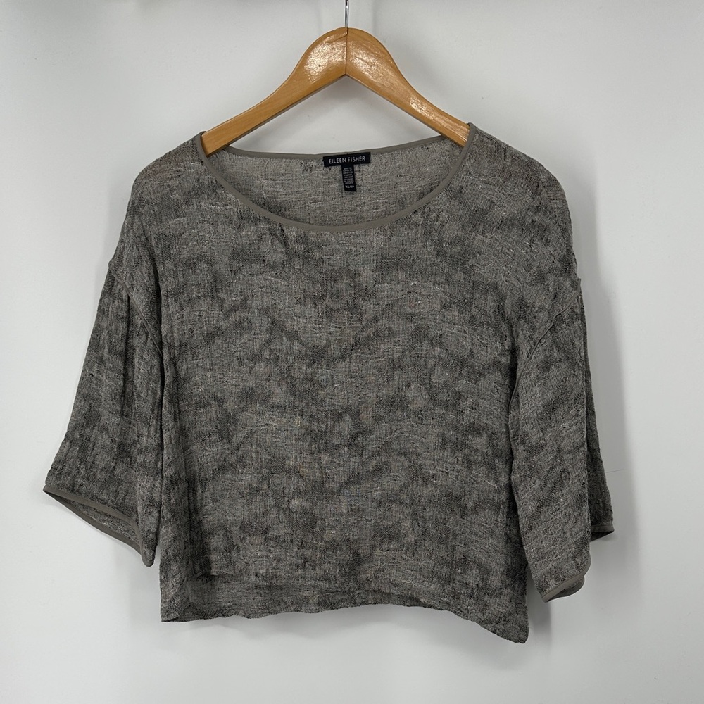 Eileen Fisher Textured Linen Blend Gray Taupe Crop Top